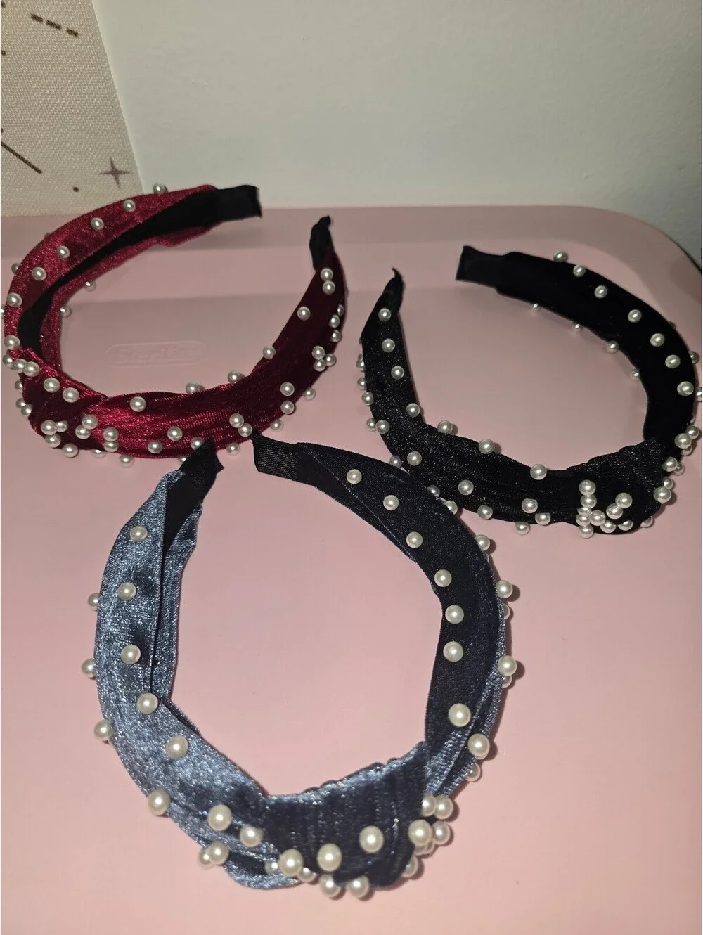 Set of 3 Velvet Pearl Embellished Headbands Red/ Black/Blue
